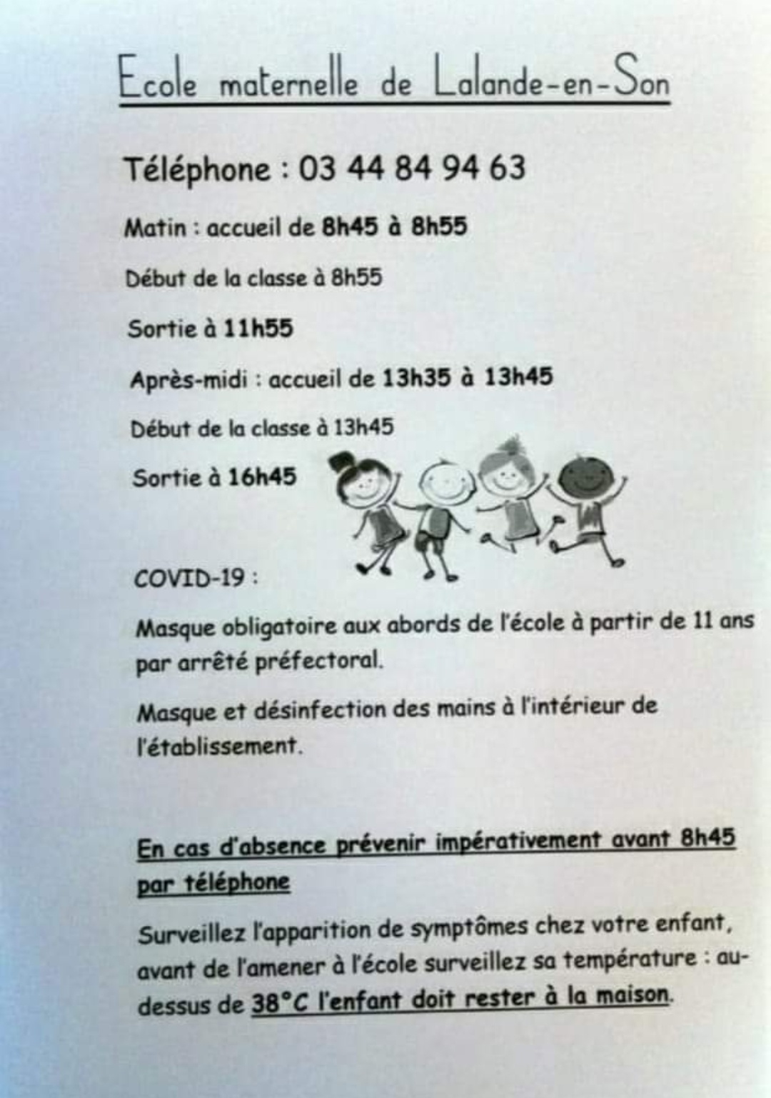 Horaires et protocole sanitaire à l'école maternelle